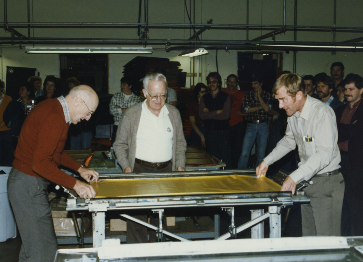 Therm-a-Rest founders Jim Lean and John Burroughs with the original mattress at the Seattle factory in 1972.