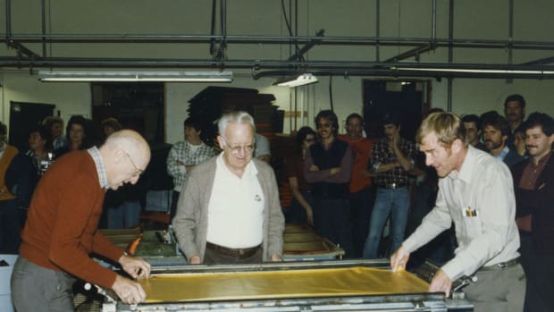 Therm-a-Rest founders Jim Lean and John Burroughs with the original mattress at the Seattle factory in 1972.