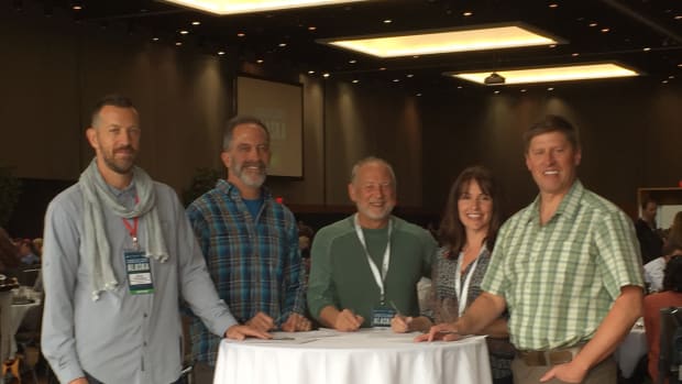 ATCF 2016 Brian Thompson of ExOfficio, Andrew Kronen of REI Adventures, Dan Blanchard of Uncruise, Jessica Dodson of Eagle Creek, and Shannon Stowell of Adventure Travel Trade Association